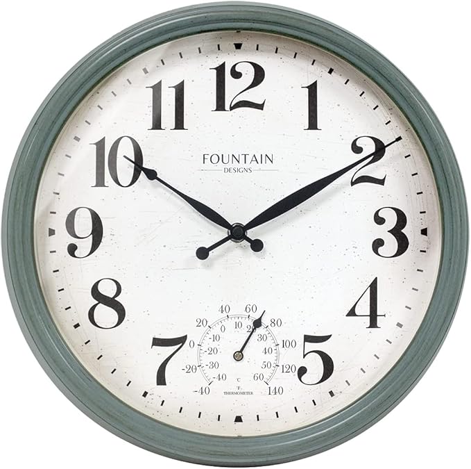 Maison in/Outdoor Clock with Thermometer, 2 in One Weather Station (Weather Thermometer/Wall Decoration) (Aged Teal, 13 inch)