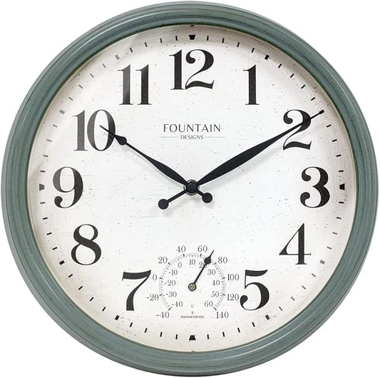 Maison in/Outdoor Clock with Thermometer, 2 in One Weather Station (Weather Thermometer/Wall Decoration) (Aged Teal, 13 inch)