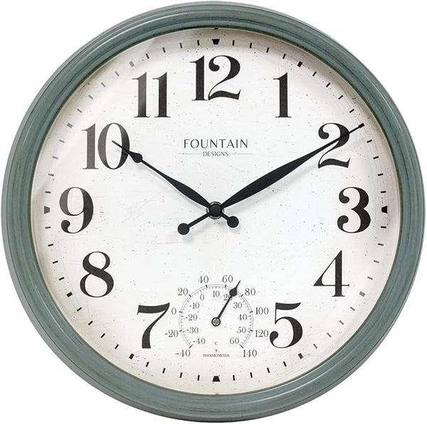 Maison in/Outdoor Clock with Thermometer, 2 in One Weather Station (Weather Thermometer/Wall Decoration) (Aged Teal, 13 inch)