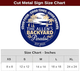 MeMate Personalized Backyard Paradise Sign - Customized Name Established Year Metal Sign for Outdoor Patio Decor, Restaurants, Farmhouse - Round Printed