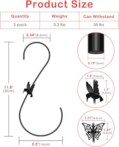 PACETAP Bird Feeders Hanger 12-Inch, 2PCS Metal Hummingbird Feeder Hook, Heavy Duty Plant Hangers Outdoor for Hanging Plants, Wind Chimes, Christmas Ornaments and More (Black)