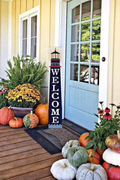 Welcome Lighthouse Sign for Front Door, 4ft Tall Front Porch Decor, Vertical Wooden Signs for Front Porch, Rustic Farmhouse Wood Porch Decorations Outdoor