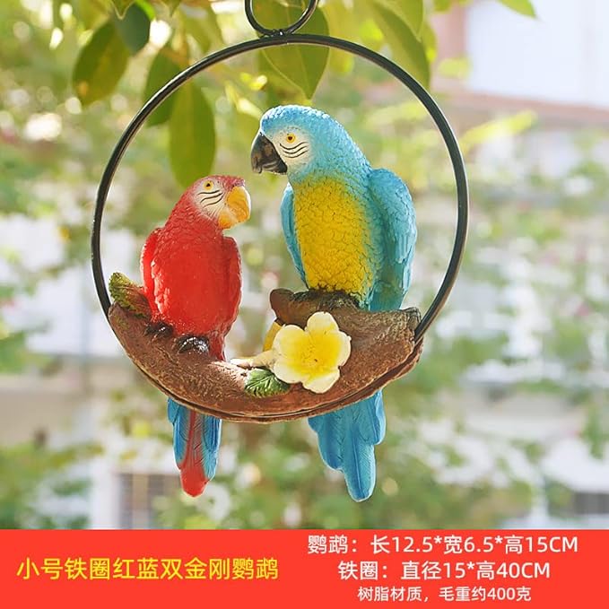 Mini Garden Statues Hanging Iron Ring Parrots, Resin Parrot Hanging Statue, Hanging Birds Figurine for Pathways Yard Patio Office Home Indoor Outdoor Tree Decorations (B-1)
