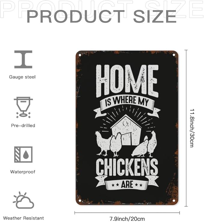 Vintage Tin Wall Decor Sign Home Is Where My Chickens Ares for Home,Garden,Patio,Office,Classroom,Kitchen & More! 8x12 Inches,Retro Metal Art with Funny Quotes