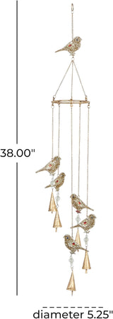 Deco 79 Metal Bird Indoor Outdoor Embellished Windchime with Glass Beads and Cone Bells, 5" x 5" x 39", Gold