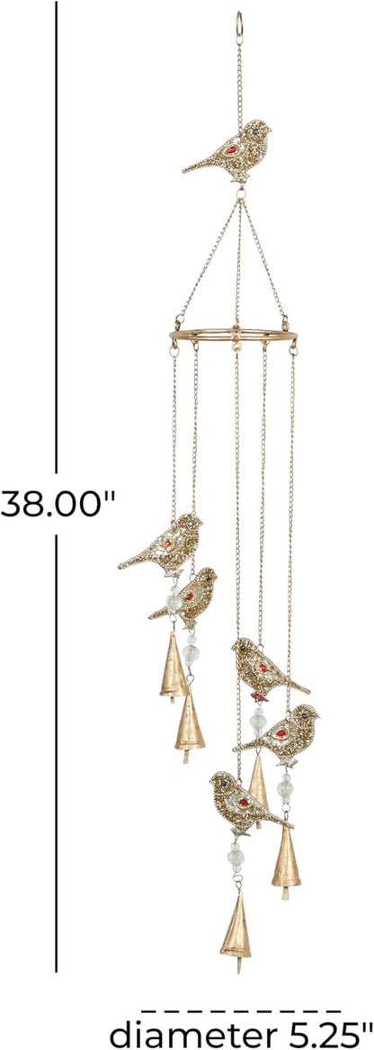Deco 79 Metal Bird Indoor Outdoor Embellished Windchime with Glass Beads and Cone Bells, 5" x 5" x 39", Gold
