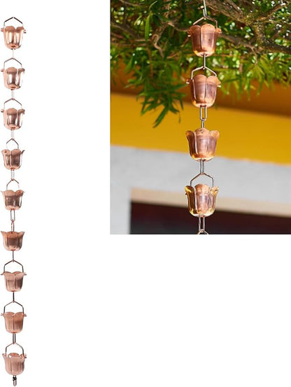 Luqeeg 1 m Length 9 Morning Glory Rain Chain, Copper Decorative Rainwater Collection Chain with a Triangular Hook with Flared Design for Smooth Water Flow Downspout Replacement