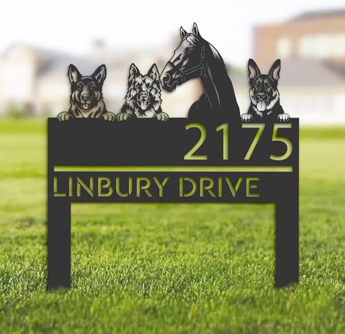 German shepherd Welcome Metal Address Sign House Number German shepherd Sculptures Plaque German shepherd Dogs Stake Sign for Park Yard Lawn Courtyard Patio Ranch Farmer Gardening Gift.