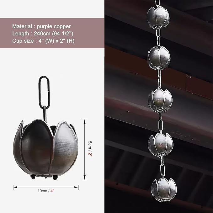 Copper Rain Chain Outdoor Gutter Downpipe, Petal Shaped Decorative Rain Bell, Rain Guide Chain(240cm (94 1/2"))