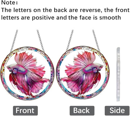 Betta Fish Stained Window Hangings with Chain – Acrylic Pink Fish Ornament for Garden, Patio and Indoor Decor, Housewarming Gift for Mom, Grandma and Fish Lovers