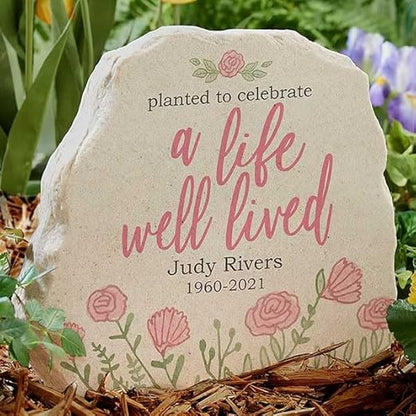 Personalization Universe A Life Well Lived Personalized Memorial Garden Stone - Customizable Outdoor Decor, Weather-Resistant Polyresin, 10"x11.9" - Available in Blue/Pink, Sympathy Gift