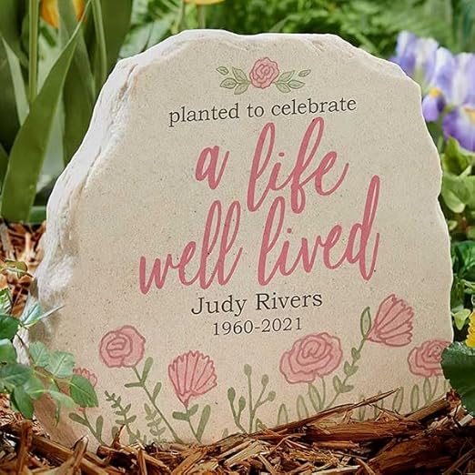 Personalization Universe A Life Well Lived Personalized Memorial Garden Stone - Customizable Outdoor Decor, Weather-Resistant Polyresin, 10"x11.9" - Available in Blue/Pink, Sympathy Gift