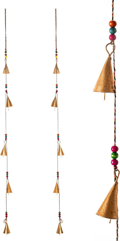 Rustic Vintage Bell for Home Wall Décor Decoration Garden - 5 Handmade Bells in a String with Beads Wind Chime Bell Chime Cow Cat Cattle Bells Gifting (Antique Golden Cones)