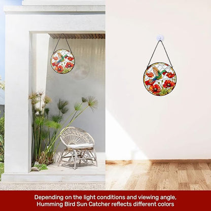 GENANY Hummingbird Stained Glass Window Hanging, Memorial Sun Catcher with Metal Chain and Hook, Spring Ornament Gifts for Women Men, Spring Home Decorations, Bird Themed Housewarming Gifts