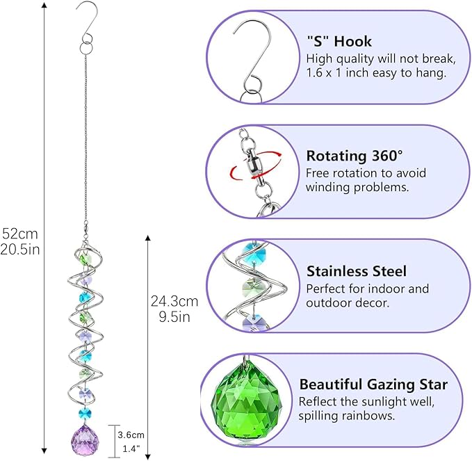 H&D HYALINE & DORA Set of 3 Crystal Sun Catcher for Window Hanging Double-Spiral Gazing Ball Spiral Tail Rainbow Maker Wind Spinners Outdoor for Garden, Patio, Porch, Christmas