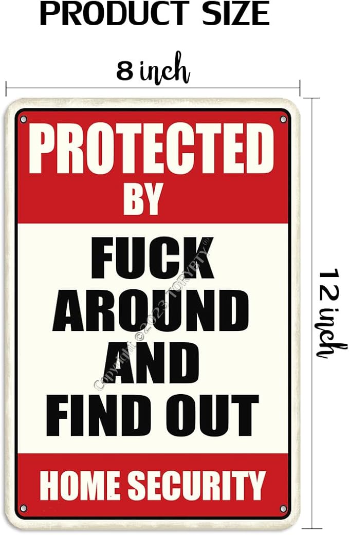 Protected By Fuck Around And Find Out Home Security 8 X 12 Inch Iron Retro Look Decoration Painting Sign for Home Farm Garden Garage Yard Patio Outdoor Farmhouse Funny Wall Decor