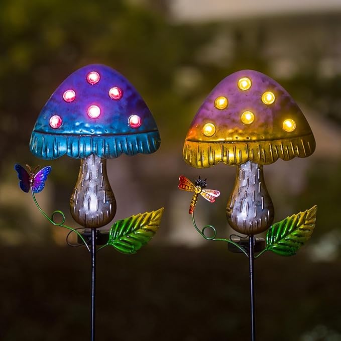 Solar Mushroom Lights for Outside 2 Pack，Mushroom Solar Lights Outdoor Metal Stakes Decorate Garden,Path,Backyard,Flower Bed,Pathway,Lawn