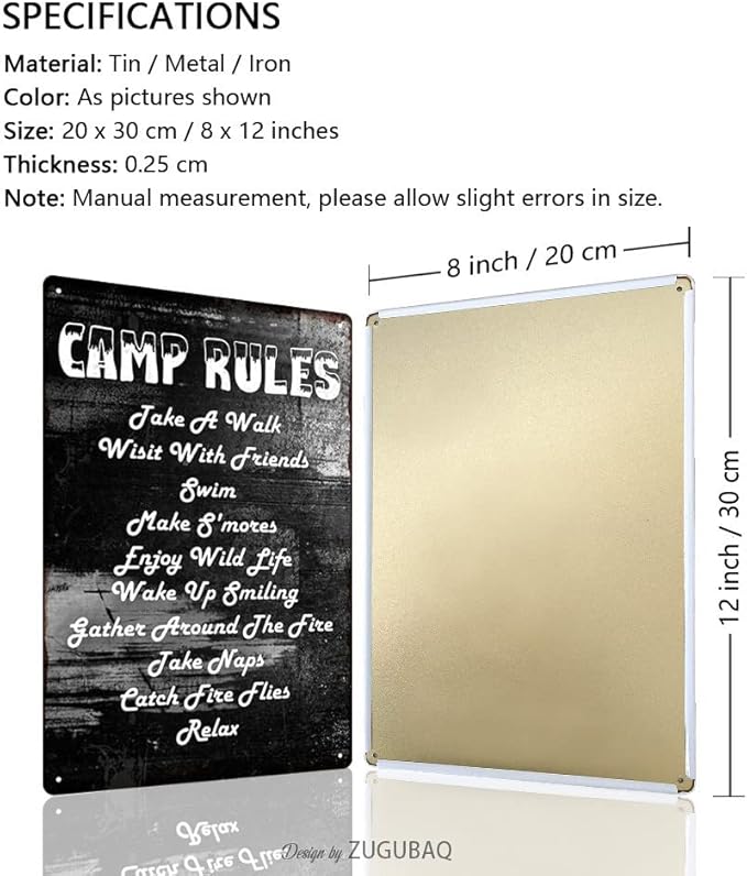 Vintage Metal Funny Camping Tin Sign-Camp Rules Take A Walk Visit With Friends Swim Outdoor Porch Patio Home Kitchen Garden Bar Poster Retro Decor Art 8X12 Inch Wall Decor