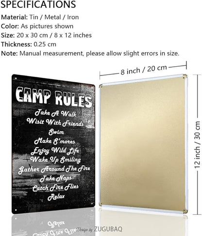 Vintage Metal Funny Camping Tin Sign-Camp Rules Take A Walk Visit With Friends Swim Outdoor Porch Patio Home Kitchen Garden Bar Poster Retro Decor Art 8X12 Inch Wall Decor
