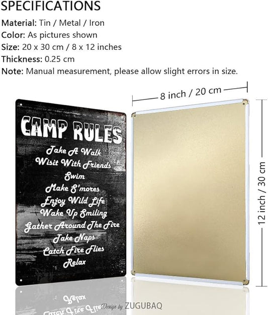 Vintage Metal Funny Camping Tin Sign-Camp Rules Take A Walk Visit With Friends Swim Outdoor Porch Patio Home Kitchen Garden Bar Poster Retro Decor Art 8X12 Inch Wall Decor