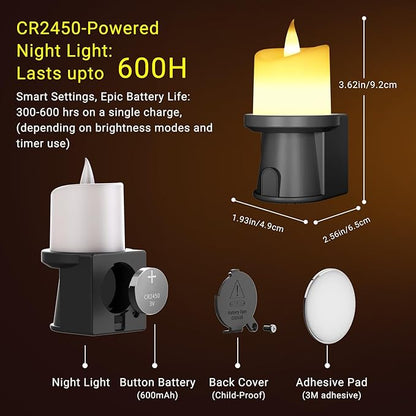 Flameless Candles Night Light with Flickering Flame, Battery Operated LED Night Light, Magnetic Attachment for Easy Placement, Realistic Candlelight for Home, Bathroom, Window Decor (Black, 2 Pack)