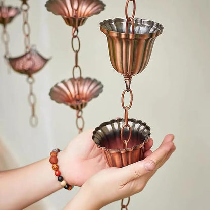 Copper Plated Rain Chain for Outside Downspouts,Adjustable Rain Catcher Chain for Eaves Drainage,Decorative Metal Hanging Flower Spiral Rain Bells(E)