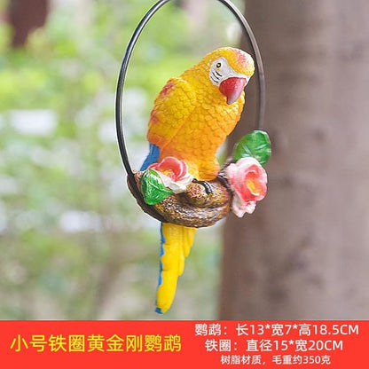 Mini Garden Statues Hanging Iron Ring Parrots, Resin Parrot Hanging Statue, Hanging Birds Figurine for Pathways Yard Patio Office Home Indoor Outdoor Tree Decorations (A-2)