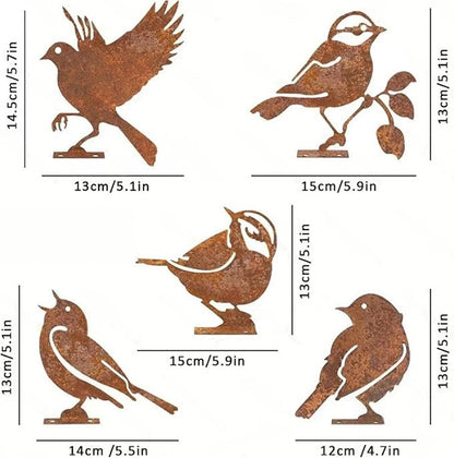 5PCS Rusty Metal Birds Decorations, Garden Yard Art Outdoor Ornaments, Bird Silhouette Statues for Fence Trees, Rustic Cardinal Gifts Spring Decorations (Style A)