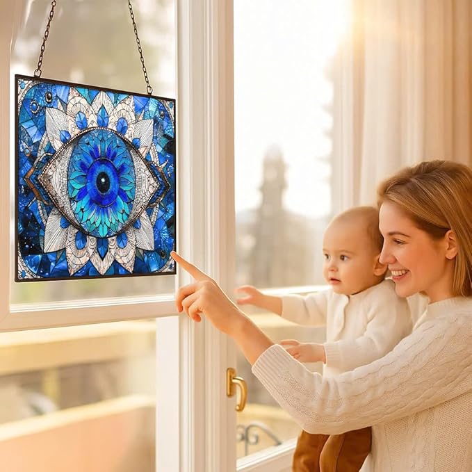 Rectangle Evil Eye Suncatcher Indoor/Outdoor Stained Glass Window Hanging Handmade Suncatchers Home Decor Garden Christmas Party Wedding Housewarming Gifts