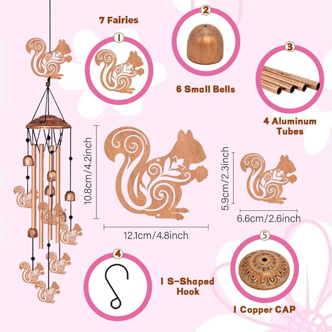 Wind Chimes for Outside, Squirrel Style Waterproof Aluminum Windchimes Suitable for Outdoor Garden Patio Porch Decor, Unique 33“ Metal Memorial Wind Chimes Friendship Gifts for Women