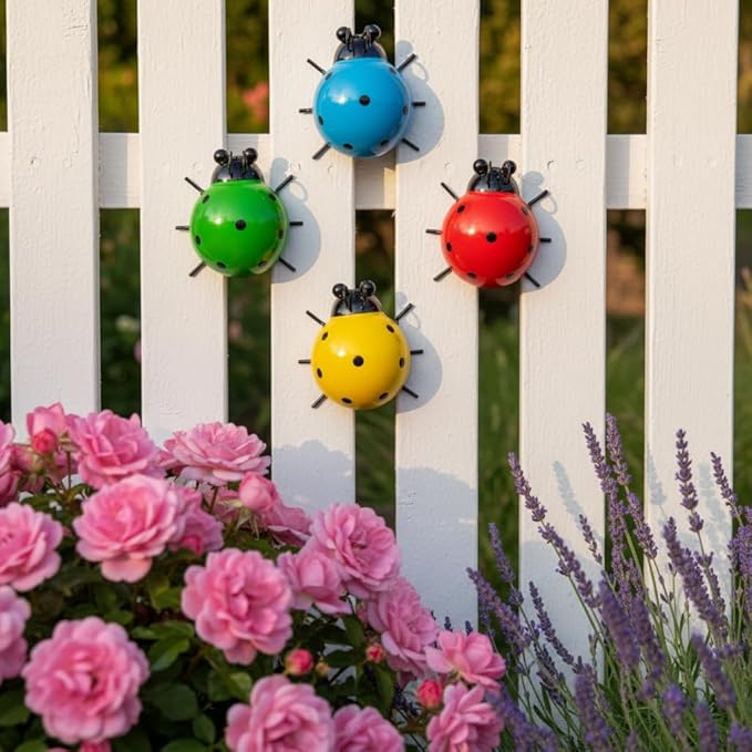 Cruis Cuka Metal Garden Wall Art Decorative Set of 4 Cute Colorful Ladybugs Outdoor Wall Sculptures Yard Art Lawn Ornaments for Fence Patio, Gifts for Mom Housewarming