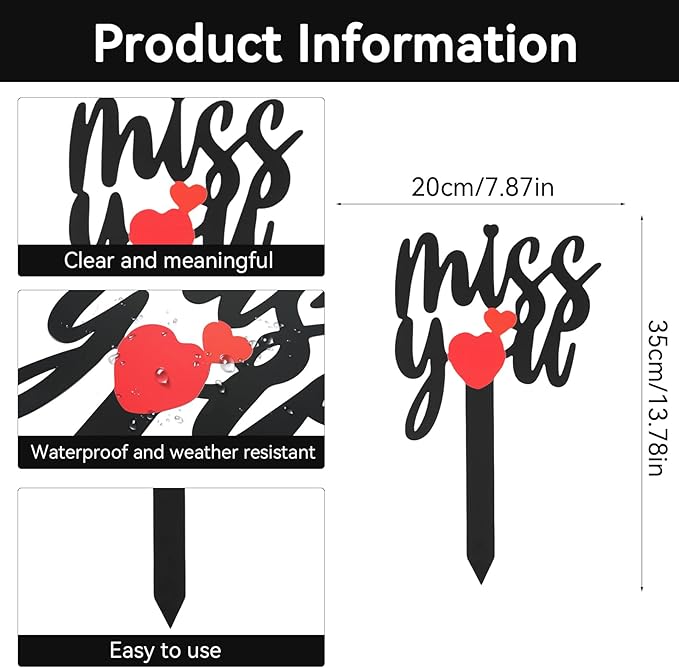 Memorial Grave Stake, Miss You Red Heart Grave Marker, 13.8x7.9in Grave Decorations for Cemetery, Metal Cemetery Decorations for Grave Yard Garden, Remembrance Grave Plaque for Mom Dad Friends