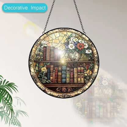 Book Stained Glass Suncatcher Ornament, Stained Glass Window Hanging, Sun Catchers Indoor Window, Suncatchers for Windows Hanging, Home Garden Decor Glass Panel, Bookish Gifts for Women Reader Lovers