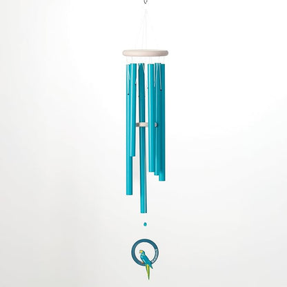 Woodstock Windchimes Margaritaville Parrot Windchime – (40") Outdoor Wind Chime for Porch Patio Garden Decor with Seaglass Blue Tubes and Painted Feather
