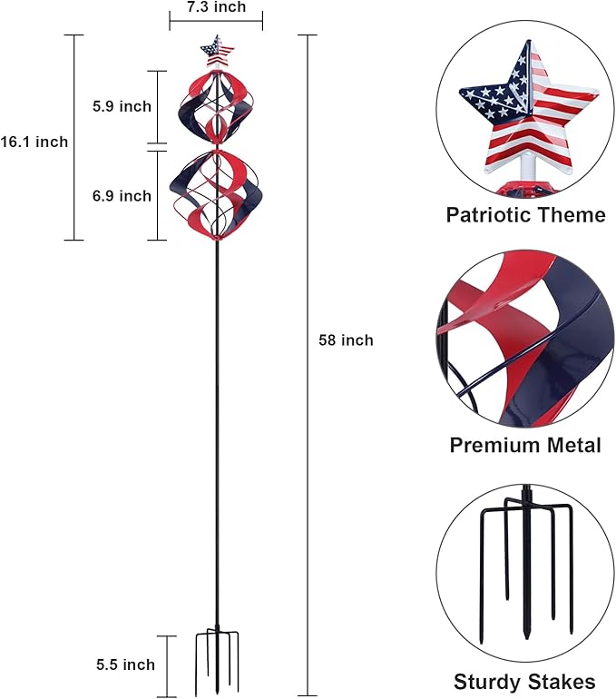hogardeck 4th of July Wind Spinners Outdoor, Metal Kinetic Wind Spinner with Heavy-Duty Stakes for Memorial Day Decorations, 360° Rotating Double Layers Wind Sculptures for Outside Garden Lawn Decor