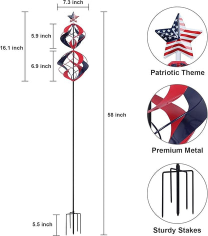 hogardeck 4th of July Wind Spinners Outdoor, Metal Kinetic Wind Spinner with Heavy-Duty Stakes for Memorial Day Decorations, 360° Rotating Double Layers Wind Sculptures for Outside Garden Lawn Decor