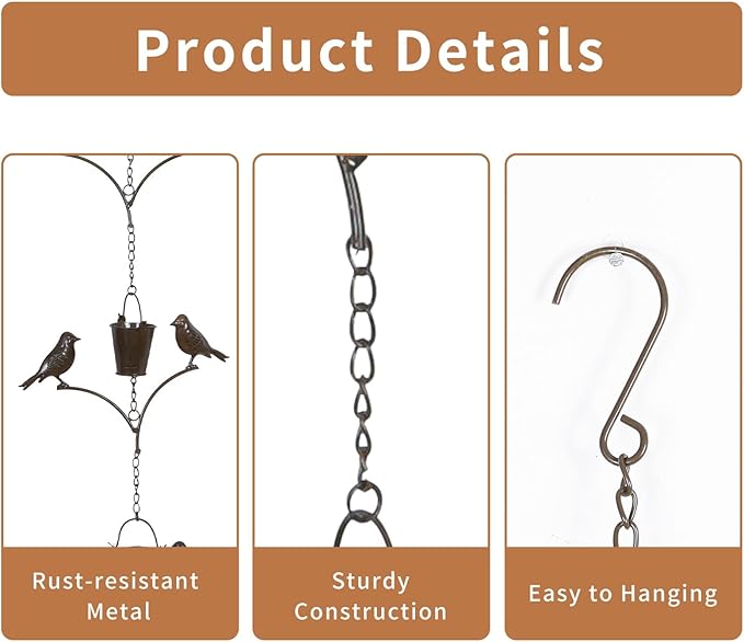 Topadorn Rain Chain Outdoor Decoration 6.3 FT, Rain Catcher Metal Chain Gutter Downspout 76'' for House Eaves, Garden & Yard, Adjustable Rain Catcher Chain for Gutters