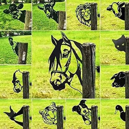 Farm Bear Art Garden Decor Outdoor Decoration, Farm Peeping Cow Metal Art Outdoor Decor, Fence Animals Silhouette Art Decoration for Farmhouse, Yard, Lawn Weather (E)