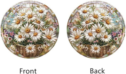 Daisy Flower Stained Window Hangings with Chain – Round Acrylic Wild Flower Ornament for Garden, Patio and Indoor Decor, Housewarming Gift for Mom,Mother, Grandma