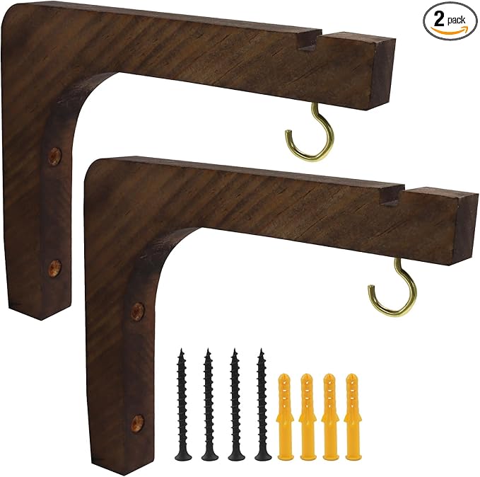 2 Pack Wooden Wall Hooks, 6 Inch Plant Hanger Wall Mounted Hanging Hooks Outdoor Hanging Shelves for Lanterns, Bracket, Wind Chimes, Patio Garden Decoration, Walnut Color