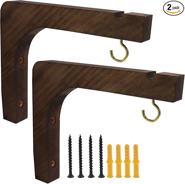 2 Pack Wooden Wall Hooks, 6 Inch Plant Hanger Wall Mounted Hanging Hooks Outdoor Hanging Shelves for Lanterns, Bracket, Wind Chimes, Patio Garden Decoration, Walnut Color
