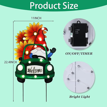 WONDER GARDEN Decorative Garden Stakes - Lighted Gnome Drive Truck Yard Sign Stakes with Sunflower, Spring Welcome Signs for Outdoor, Porch, Yard,Flower Bed Decor