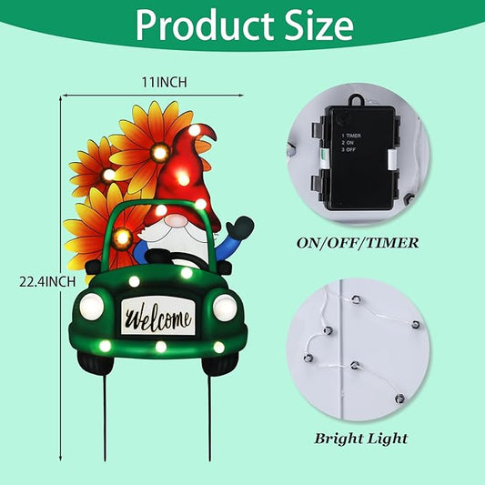 WONDER GARDEN Decorative Garden Stakes - Lighted Gnome Drive Truck Yard Sign Stakes with Sunflower, Spring Welcome Signs for Outdoor, Porch, Yard,Flower Bed Decor