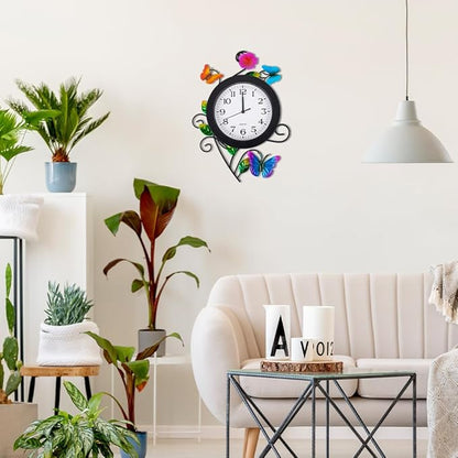 Outdoor Clock with Butterfly and Flowers, Butterflies Outdoor Wall Clock Waterproof, Silent No-Ticking Outdoor Clocks for Patio, Living Room, Kitchen, Garden