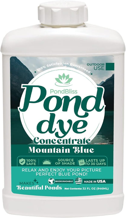 Mountain Blue Pond Dye, Fish Safe 1 Acre Concentrate for Koi, Ornamental and Livestock Ponds - 1 Quart Liquid Dye (32oz)