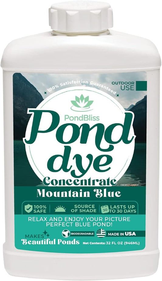 Mountain Blue Pond Dye, Fish Safe 1 Acre Concentrate for Koi, Ornamental and Livestock Ponds - 1 Quart Liquid Dye (32oz)