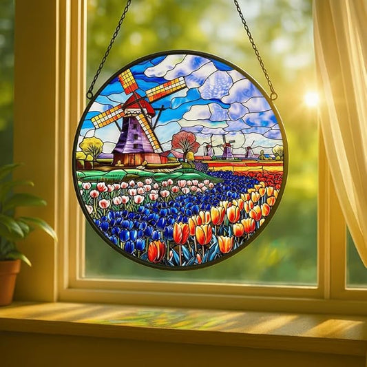 Stained Glass Window Hanging - 9.8in Windmill and Tulips Flowers Field Sun Catchers Indoor Stained Glass Panels Wall Decor for Mom，Wife，Lovers，Festive