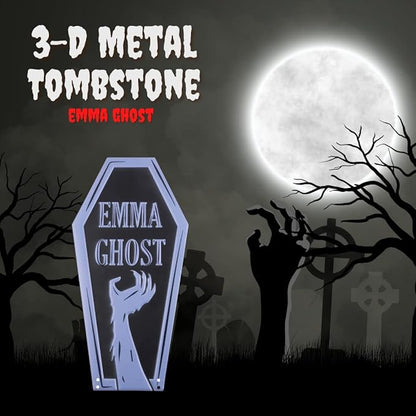3-D Metal Halloween Ghost Cemetery XL 17" Tombstone w Stakes -EMMA GHOST- Durable, Rustproof, UV Raised Printing-Upgrade Your Haunted House Mansion w Cemetary Lawn Decor-No More Flimsy Foam Graveyards