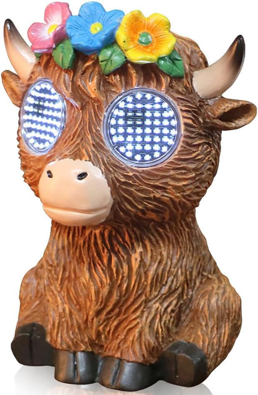 Solar Garden Statue with LED Lights, Dynamic Blinking Lights and Flowers, Outdoor Garden Figurine for Patio Porch Lawn Backyard Decor, Housewarming Gifts for Women (Highland Cow)