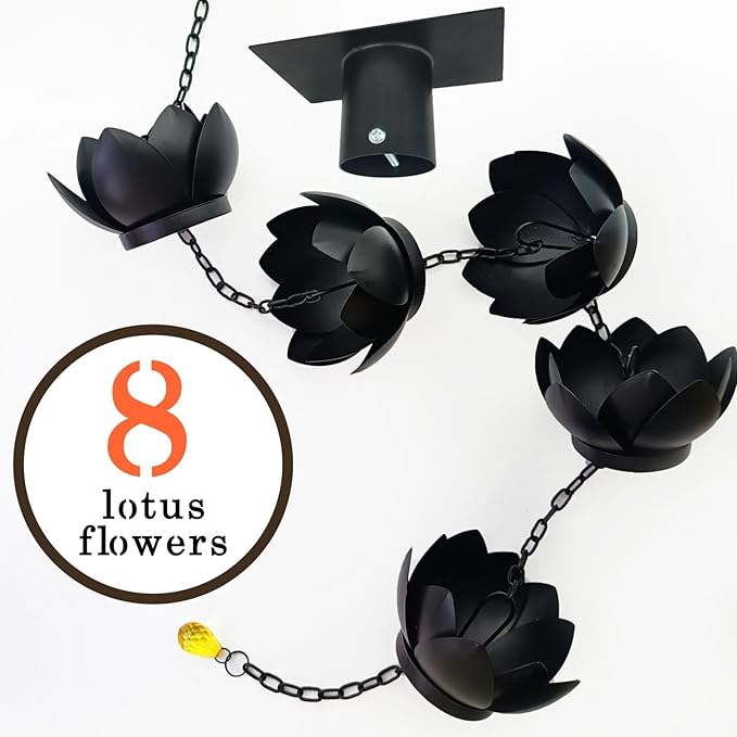 8.5Ft Metal Lotus Rain Chain for Gutters, Rust-Resistant Outdoor Rain Catcher with Hanging Gutter Adapter, Perfect for Heavy Rain, Indoor/Outdoor Decoration, Dark Bronze Finish